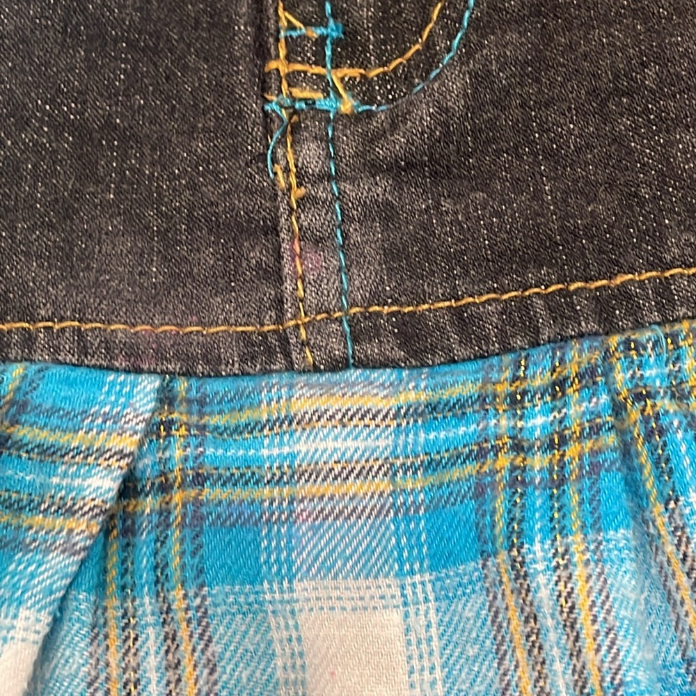 Pelle Pelle black jean skirt with blue & white flannel matching ruffled top sz 7 - Picture 3 of 13